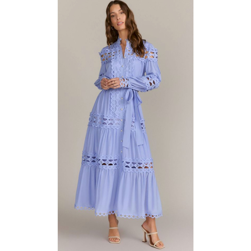 NEW INA I:NA BLUE LONG SLEEVE LACE SET BUTTON FRONT MIDI DRESS SZ S